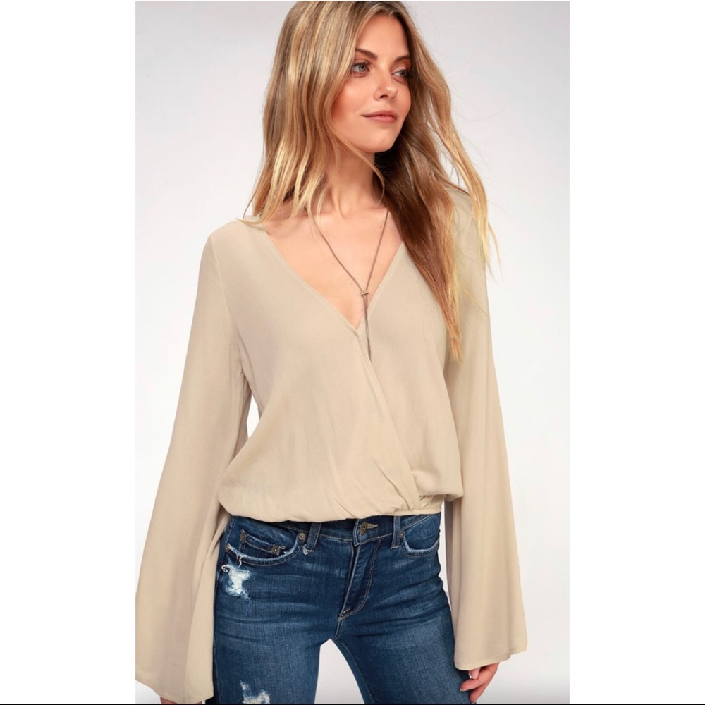 NWT LuLus Beige Bell Sleeve Surplice Top